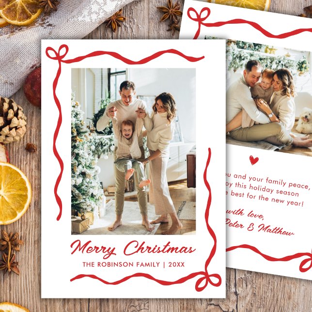 Modern Hand Drawn Red Bow 2 Photo Merry Christmas Julkort (Skapare uppladdad)