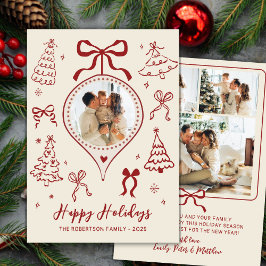 Modern Hand-Drawn Red Bows Photo Christmas Happy  Julkort