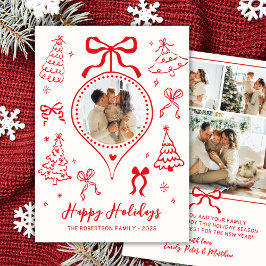 Modern Hand-Drawn Red Bows Photo Christmas Happy Julkort
