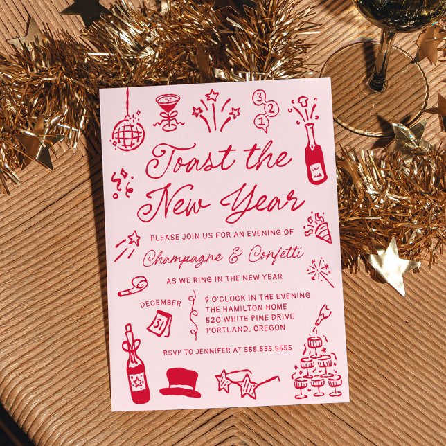 Modern Hand Drawn Red Doodle New Year’s Eve Party Inbjudningar (Skapare uppladdad)