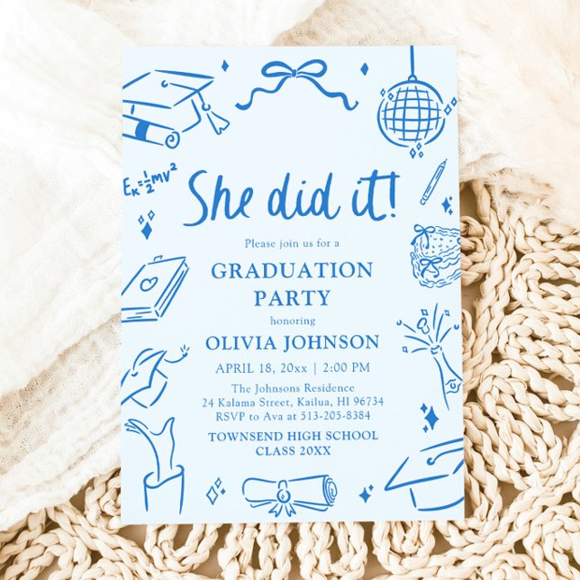 Modern Hand Drawn She did it Blue Graduation Party Inbjudningar (Modern Hand Drawn She did it Graduation Party Invitation)