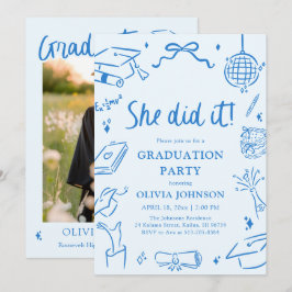 Modern Hand Drawn She did it Blue Graduation Party Inbjudningar