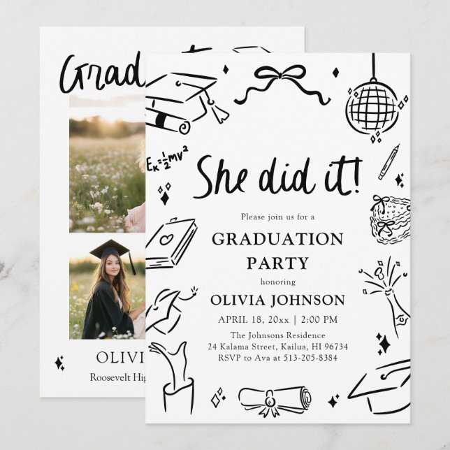 Modern Hand Drawn She did it Graduation Party Inbjudningar (Fram/baksida)