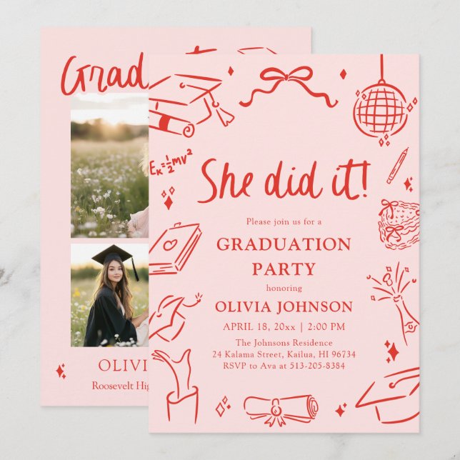 Modern Hand Drawn She did it Graduation Party Inbjudningar (Fram/baksida)