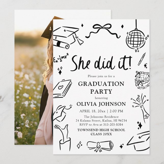 Modern Hand Drawn She did it Graduation Party Inbjudningar (Fram/baksida)