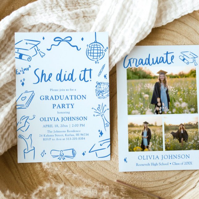 Modern Hand Drawn She did it Graduation Party Inbjudningar (Modern Hand Drawn She did it Graduation Party Invitation)