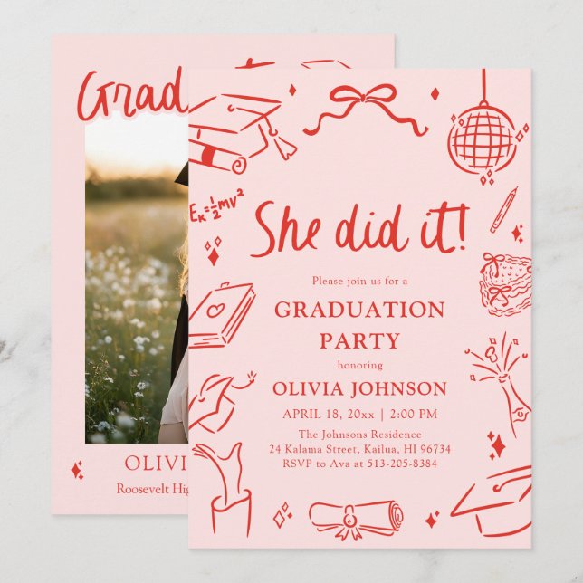 Modern Hand Drawn She did it Graduation Party Inbjudningar (Fram/baksida)