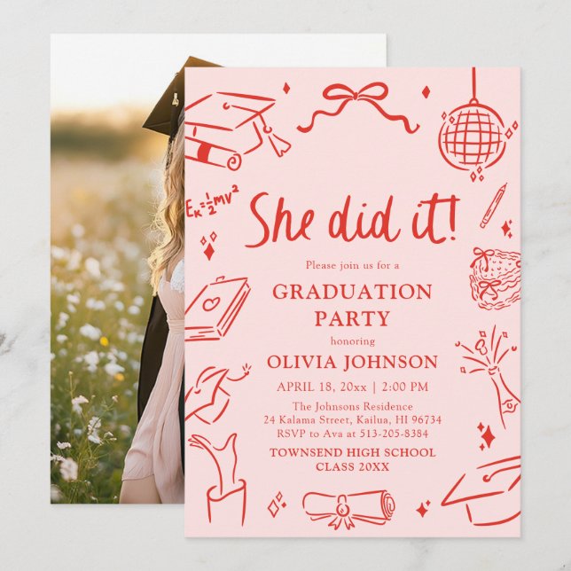 Modern Hand Drawn She did it Graduation Party Inbjudningar (Fram/baksida)