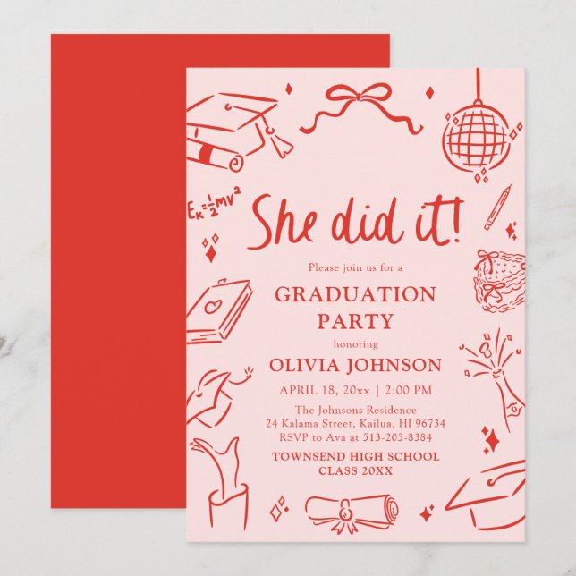 Modern Hand Drawn She did it Graduation Party Inbjudningar (Fram/baksida)