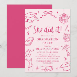 Modern Hand Drawn She did it Pink Graduation Party Inbjudningar
