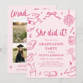 Modern Hand Drawn She did it Pink Graduation Party Inbjudningar