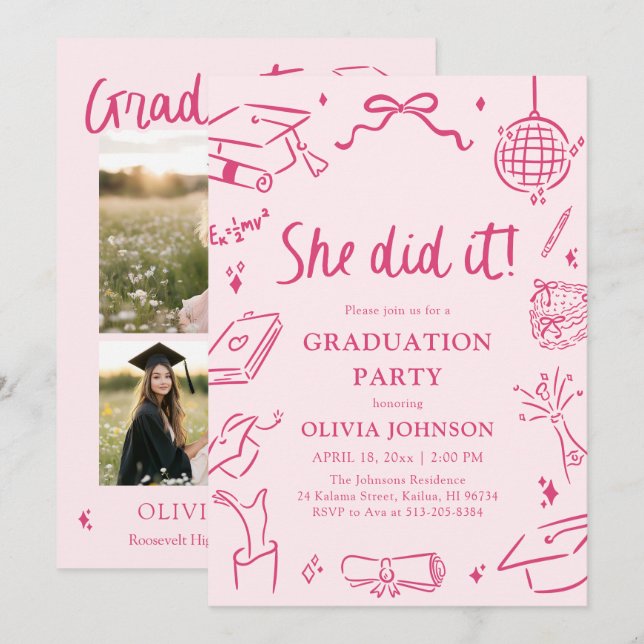 Modern Hand Drawn She did it Pink Graduation Party Inbjudningar (Fram/baksida)