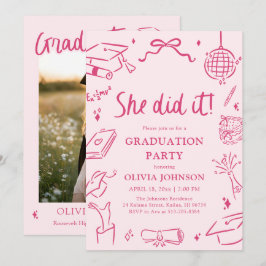 Modern Hand Drawn She did it Pink Graduation Party Inbjudningar