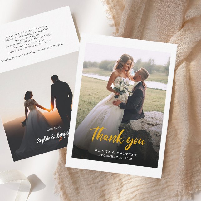 Modern hand-låtsad foto Bröllop Tack Anteckningskort (Gold Hand-Lettered Photo Wedding Thank You Note Card)