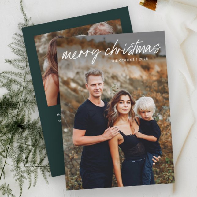 Modern Hand Lettered 2 Foto Jul Julkort (Simple Hand Lettered 2 Photo Christmas Cards.)