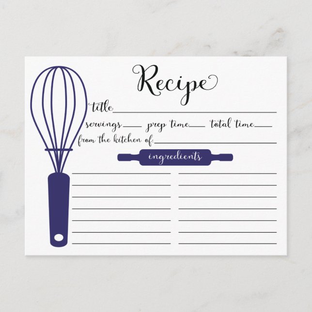 Modern Hand Lettered Blue Whisk Recipe Card Vykort (Framsida)