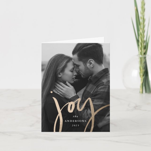 Modern Hand-Lettered Joy Faux Gold Foil Photo Helgkort (Framsida)