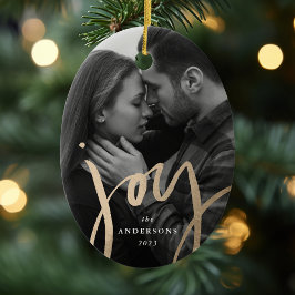 Modern Hand-Lettered Joy Faux Gold Foil Photo Julgransprydnad Keramik