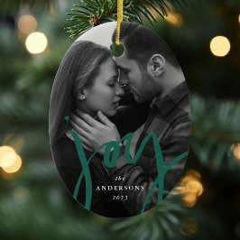 Modern Hand-Lettered Joy Grönt Photo Helgdag Julgransprydnad Keramik