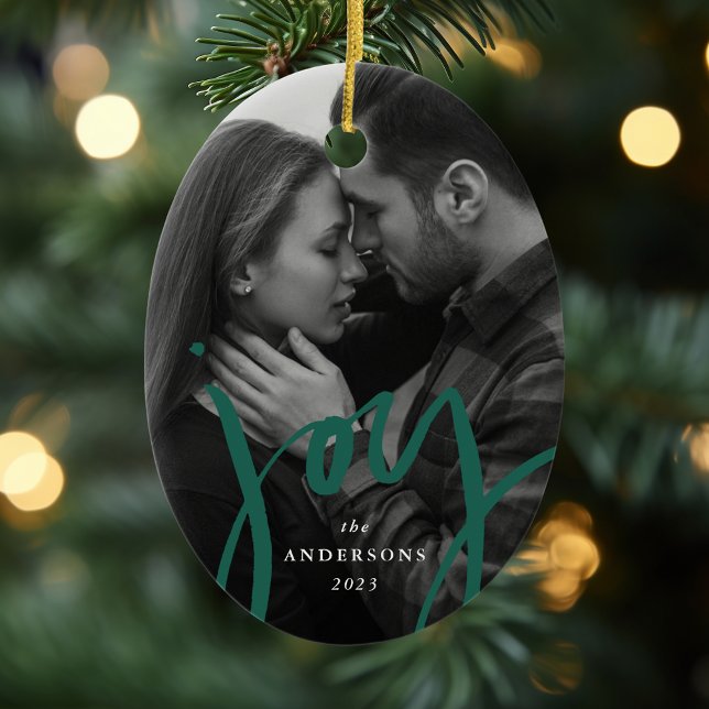 Modern Hand-Lettered Joy Grönt Photo Helgdag Julgransprydnad Keramik (Skapare uppladdad)