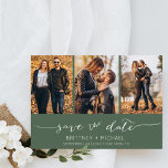 Modern Hand Lettered Photo Collage Mörk Sage Spara Datumet<br><div class="desc">Plocka det bästa bilderna från förlovningen eller bilderna av de två för den här perfekten sparar datumet. Ord sparar datumet och skriver till ge för hand ett personligt märke till kortet. Framsidan har 3 bilder och baksidan har en stor bild med ett vitt filter överst.</div>