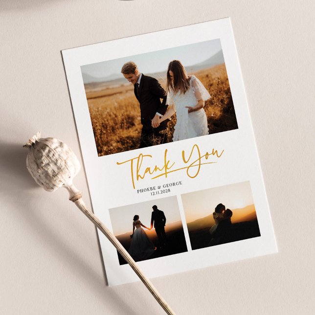 Modern hand-lettrerad 4 foton Bröllop Tack Anteckningskort (Wedding Day Photo Collage Thanks You Note Card )