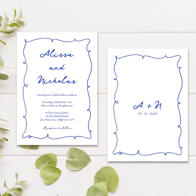 Modern Hand plockade Blue Cursive Monogram Bröllop Inbjudningar (Skapare uppladdad)
