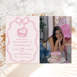 Modern Hand plockade Bow Rosa Girl Birthday Photo Inbjudningar