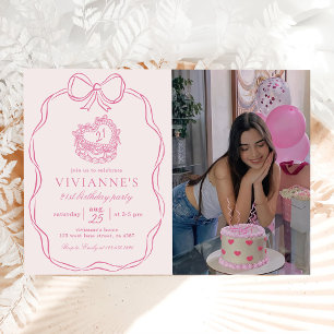 Modern Hand plockade Bow Rosa Girl Birthday Photo Inbjudningar