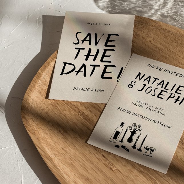 Modern Hand plockade Champagne Retro Quirky Bröllo Spara Datumet (Skapare uppladdad)