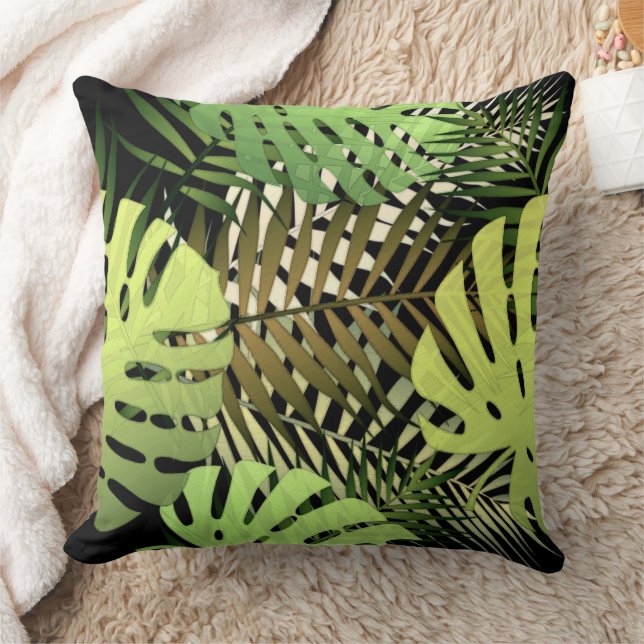 Modern Handflatan Löv Tropical Jungle Black Grönt Kudde (Filt)