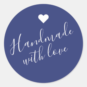 Modern handgjord med kärlek skript blått hjärta runt klistermärke