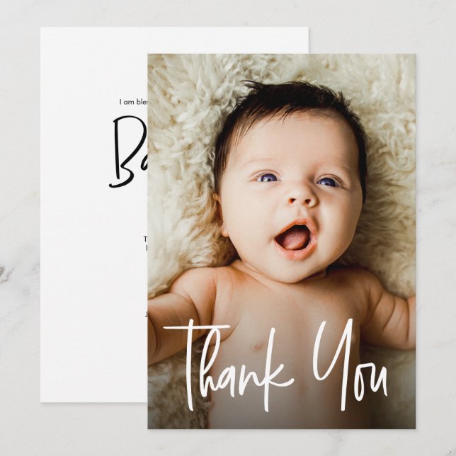 Modern handlettering Anpassningsbar Photo Baby Bap Tack Kort (Fram/baksida)