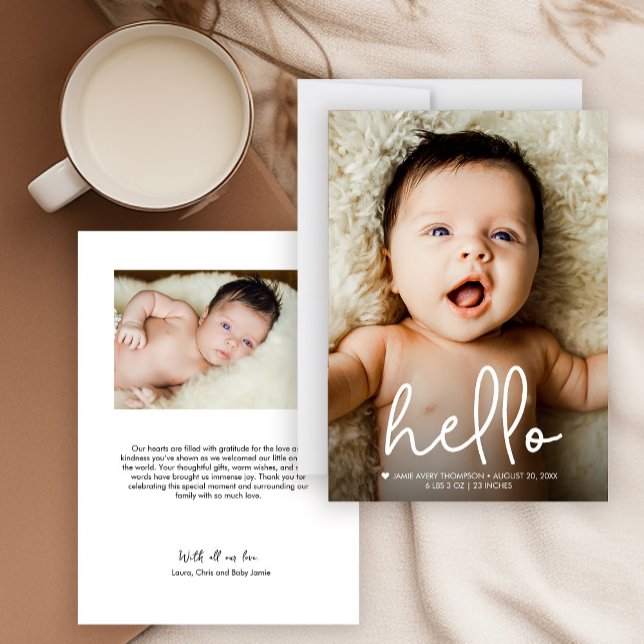 Modern Handlettering av foton från Hej Anpassnings Meddelande (Hello modern script baby birth announcement minimalist photo thank you card.)