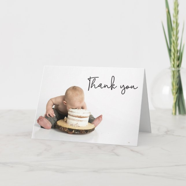 Modern handlettering Photo Baby Boy First Birthday Tack Kort (Framsida)