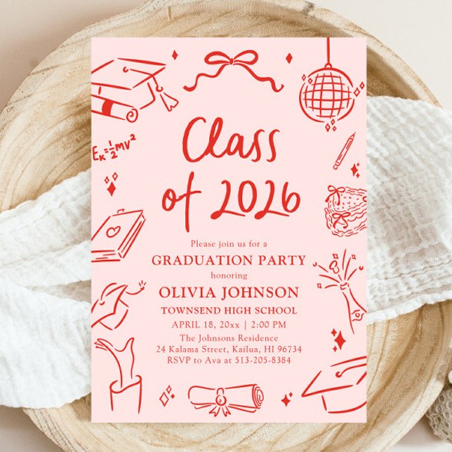 Modern Handritad Examen 2026 Födelsedagsfest Inbjudningar (Modern Hand Drawn Class of 2026 Graduation Party Invitation)