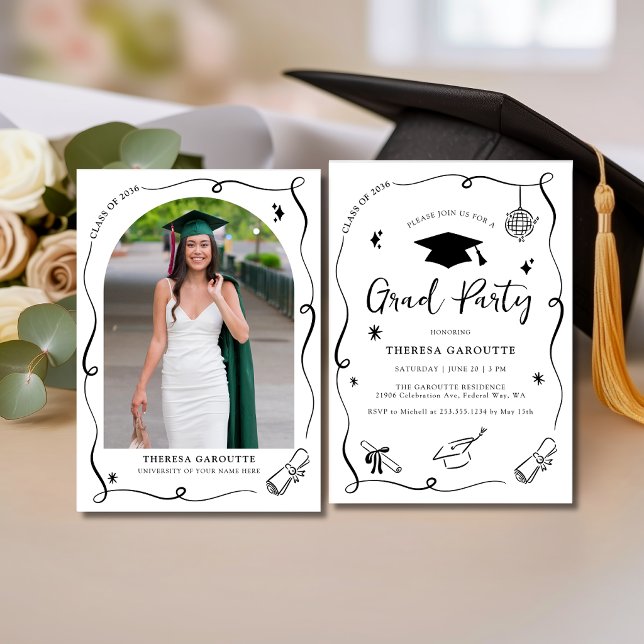 Modern Handritad Gradueringsfest Foto Inbjudningar (Modern Hand Drawn Graduation Party Photo Invitation)