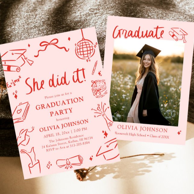 Modern Handritad Hon gjorde det Examenfest Inbjudningar (Modern Hand Drawn She did it Graduation Party Invitation)