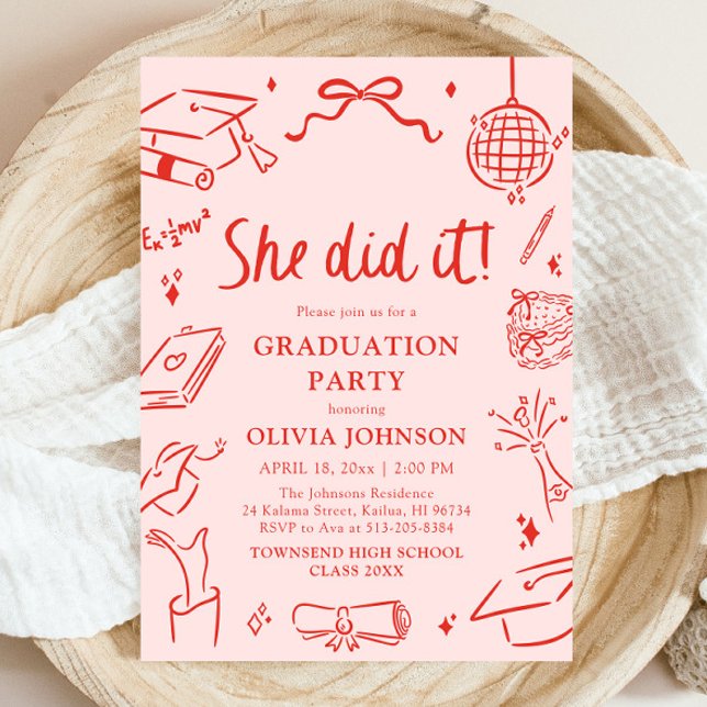 Modern Handritad Hon gjorde det Examenfest Inbjudningar (Modern Hand Drawn She did it Graduation Party Invitation)