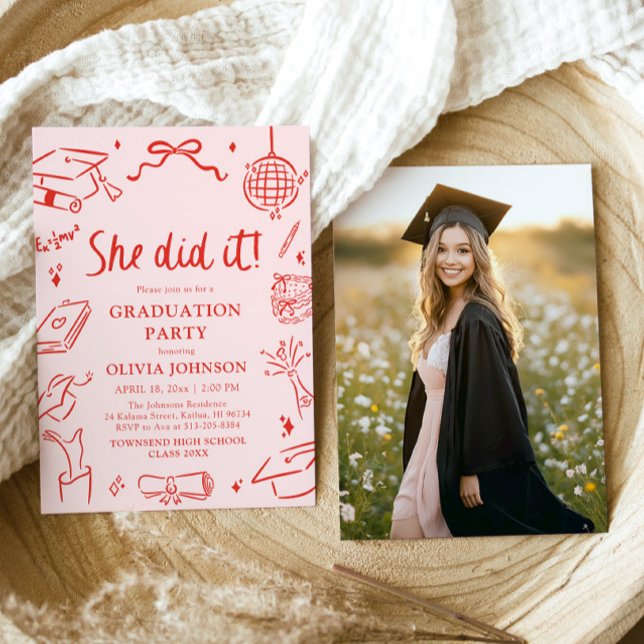 Modern Handritad Hon gjorde det Examenfest Inbjudningar (Modern Hand Drawn She did it Graduation Party Invitation)