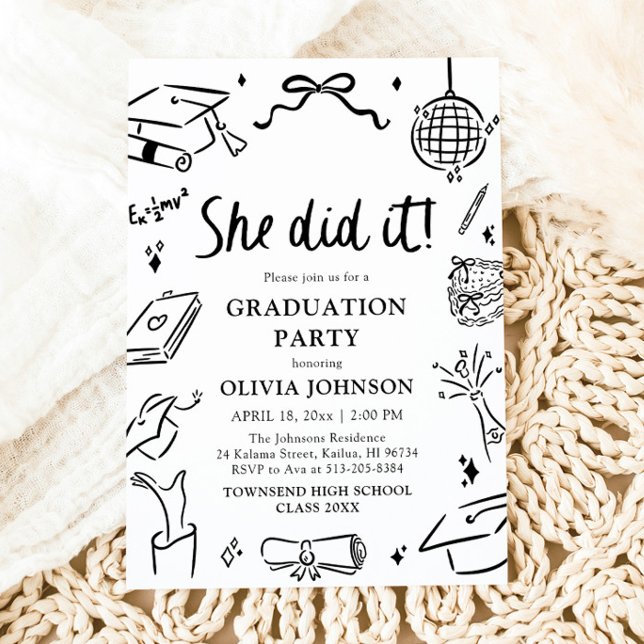 Modern Handritad Hon gjorde det Examenfest Inbjudningar (Modern Hand Drawn She did it Graduation Party Invitation)