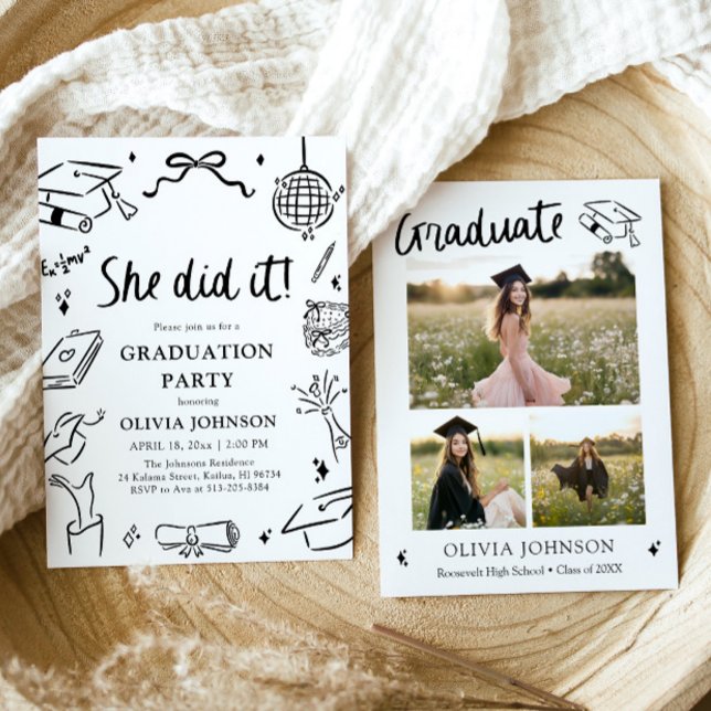 Modern Handritad Hon gjorde det Examenfest Inbjudningar (Modern Hand Drawn She did it Graduation Party Invitation)