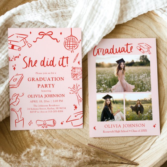 Modern Handritad Hon gjorde det Examenkalas Inbjudningar (Modern Hand Drawn She did it Graduation Party Invitation)