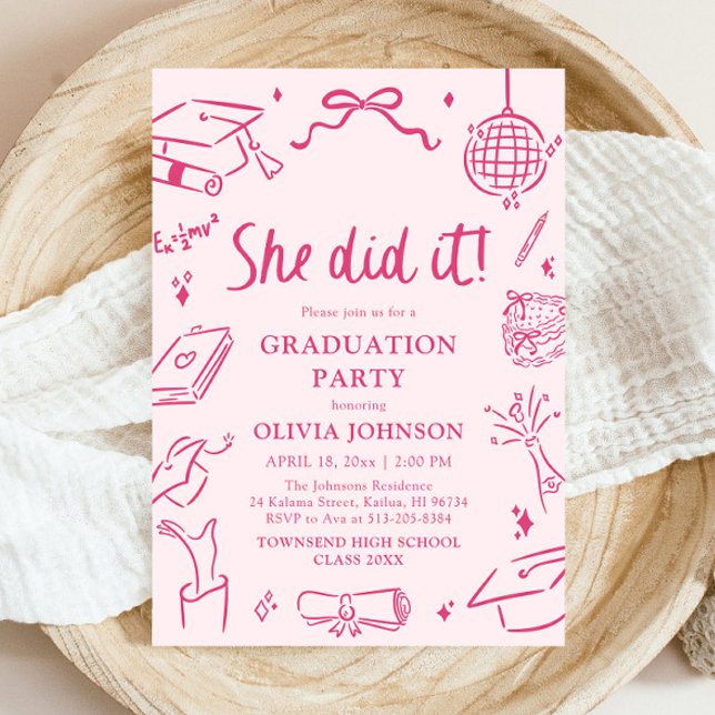 Modern Handritad Hon gjorde det Rosa Examenfest Inbjudningar (Modern Hand Drawn She did it Pink Graduation Party Invitation)