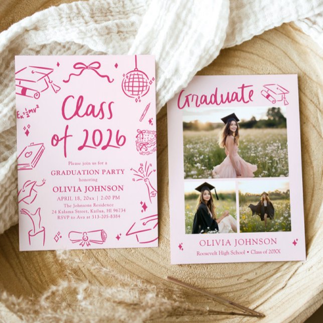 Modern Handritad Klass 2026 Examenfest Inbjudningar (Modern Hand Drawn Class of 2026 Graduation Party Invitation)