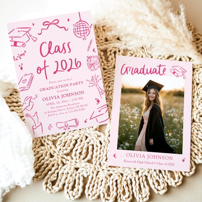 Modern Handritad Klass 2026 Examenfest Inbjudningar (Modern Hand Drawn Class of 2026 Graduation Party Invitation)