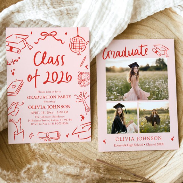 Modern Handritad Klass 2026 Examenfest Inbjudningar (Modern Hand Drawn Class of 2026 Graduation Party Invitation)