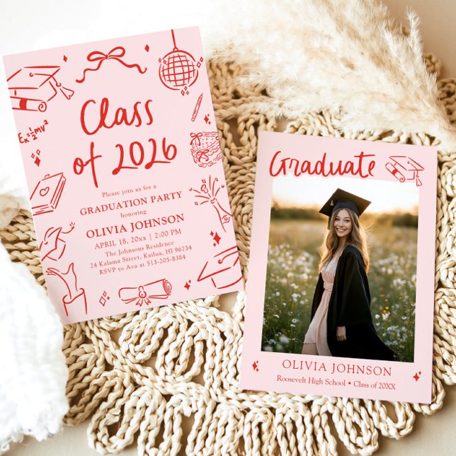Modern Handritad Klass 2026 Examenfest Inbjudningar (Modern Hand Drawn Class of 2026 Graduation Party Invitation)