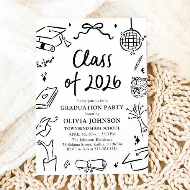Modern Handritad Klass 2026 Examenfest Inbjudningar (Modern Hand Drawn Class of 2026 Graduation Party Invitation)