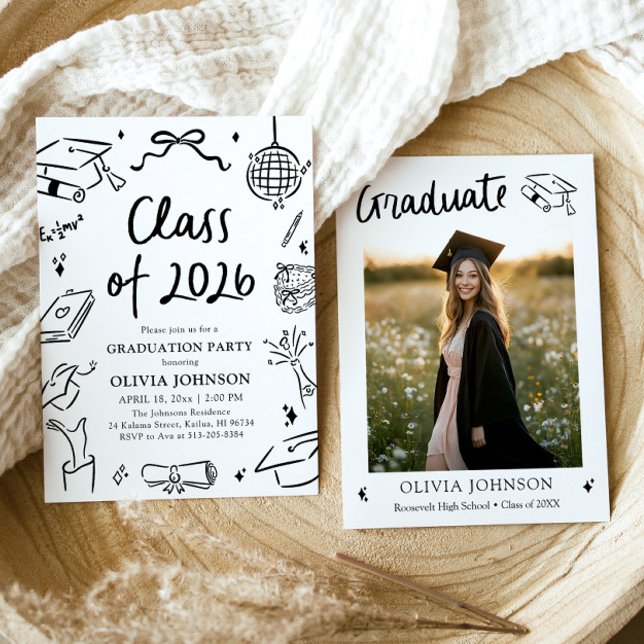 Modern Handritad Klass 2026 Examenstårtfest Inbjudningar (Modern Hand Drawn Class of 2026 Graduation Party Invitation)